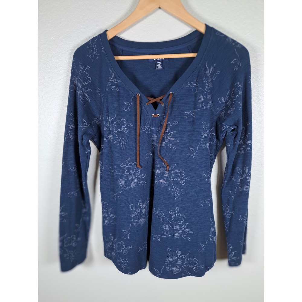 Chaps Petite Navy Blue Floral Lace Up V-Neck Long Sleeve Slub Knit Top PM